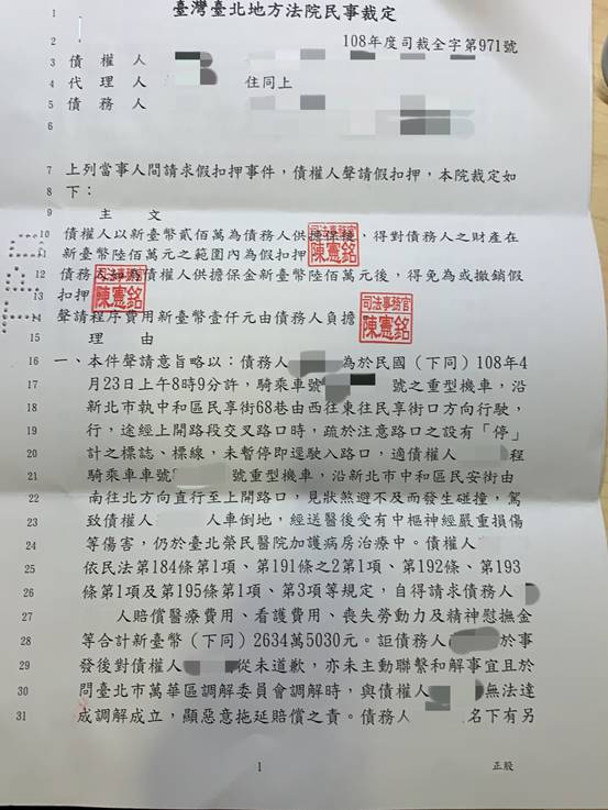辦理車禍過失致重傷之民刑事 假扣押 心得分享 一 當你的親人遭遇到車禍致重傷時 當下一定是六神無主 於法律上究竟該如何確保自己的權益 在此僅就自己承辦案件經驗分享
